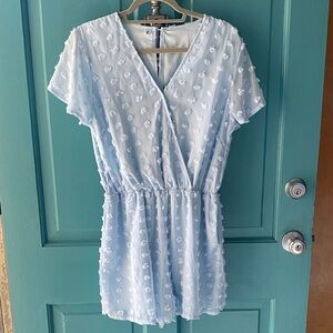 Light Blue Textured V-Neck Women's Romper
